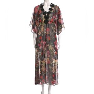 Farm Rio Laina Black Lace Semi Sheer Maxi Boho Floral Kaftan Dress